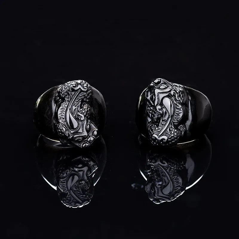Men's gold sheen obsidian Pixiu thumb ring with alloy band in size 19, 20, 21, or 22.