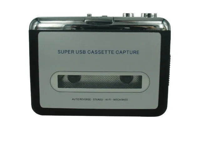 Cassette to MP3 converter unit with USB cable on a desk next to a cassette tape