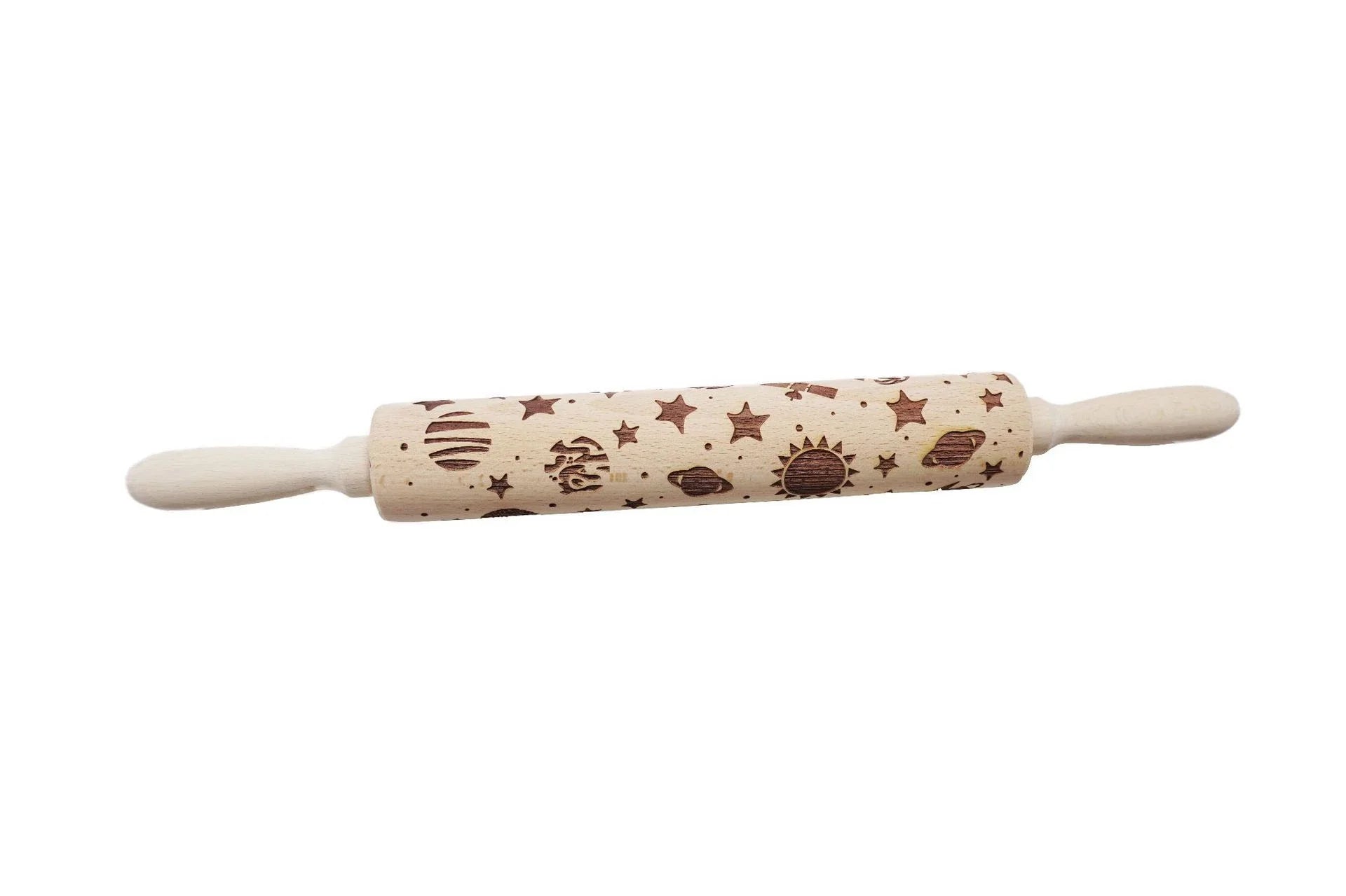 Festive rolling pin with embossed Christmas designs for easy imprinting on dough