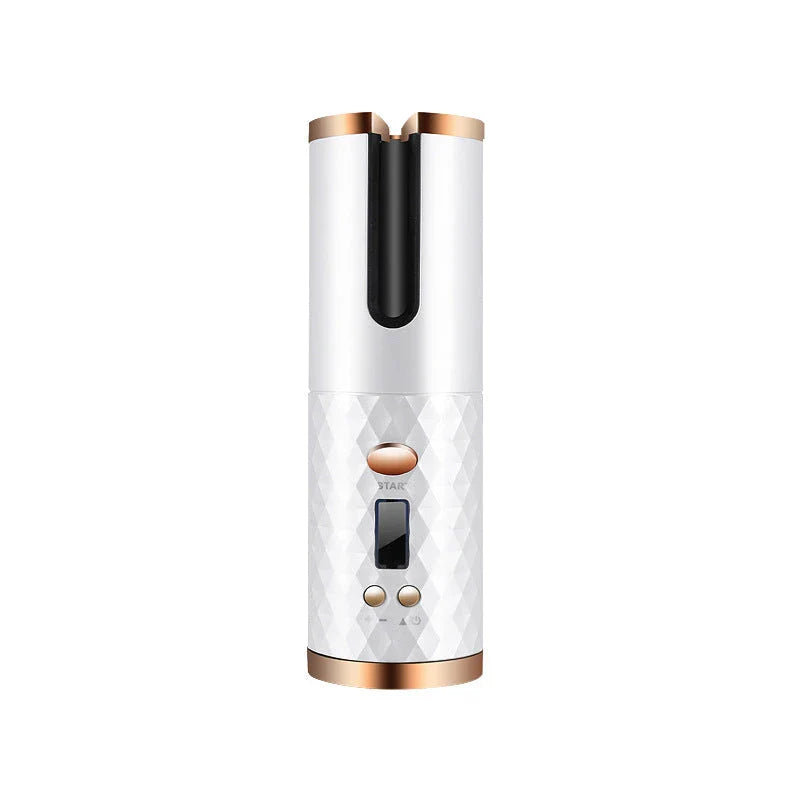 Cordless automatic hair curler with ceramic barrel, multi-directional curl capabilities, and rechargeable battery for salon-quality curls anytime, anywhere.