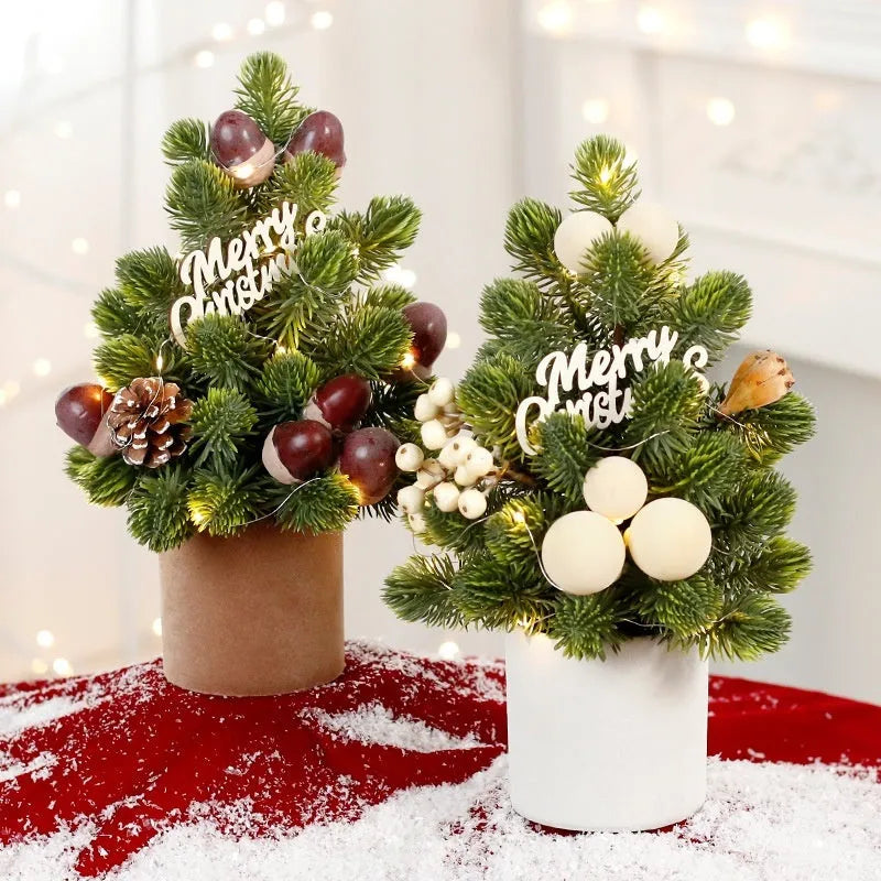 32cm tall desktop Christmas tree with LED-lit pine cone ornaments in red, champagne, or dark brown.