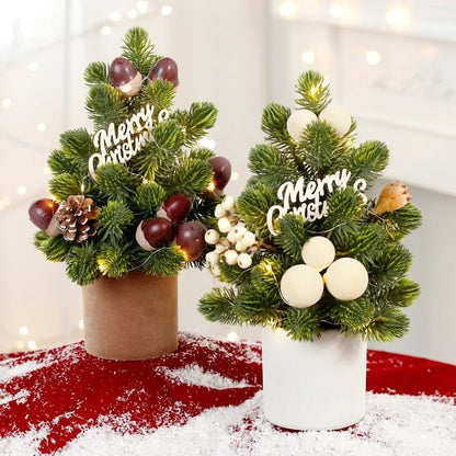 32cm tall desktop Christmas tree with LED-lit pine cone ornaments in red, champagne, or dark brown.