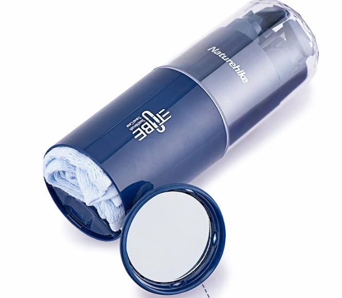 Multifunctional wash cup set with mirror and comb in blue and white