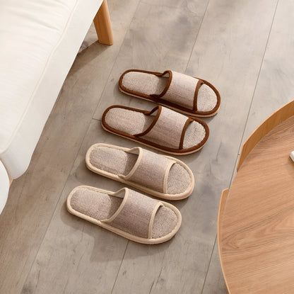 Women's open-toe linen slippers with thick sole in light brown colour.