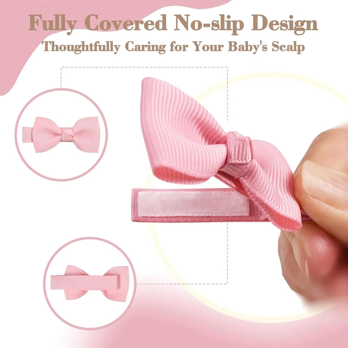 Assortment of pastel-coloured baby hair clips and bows with no-slip grips on a white background.