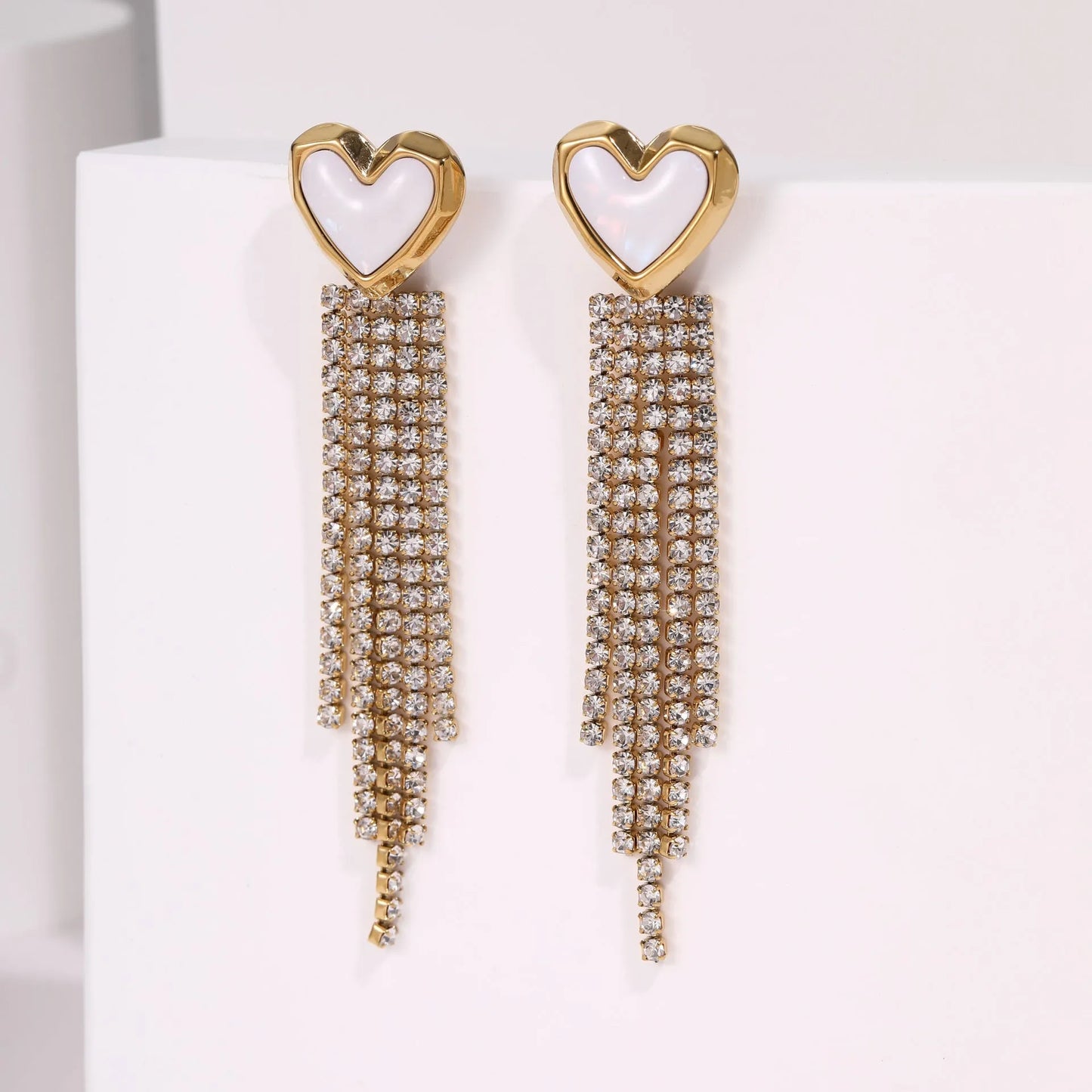 Stainless steel diamond tassel earrings with heart and star shapes in 18K gold electroplated finish
