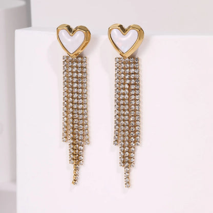 Stainless steel diamond tassel earrings with heart and star shapes in 18K gold electroplated finish