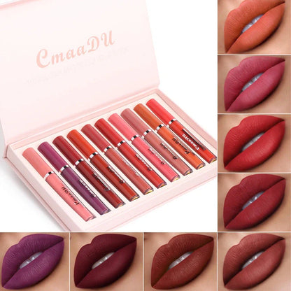 Set of 10 matte lipsticks with non-stick cup waterproof formula in packaging measuring 23.8cm