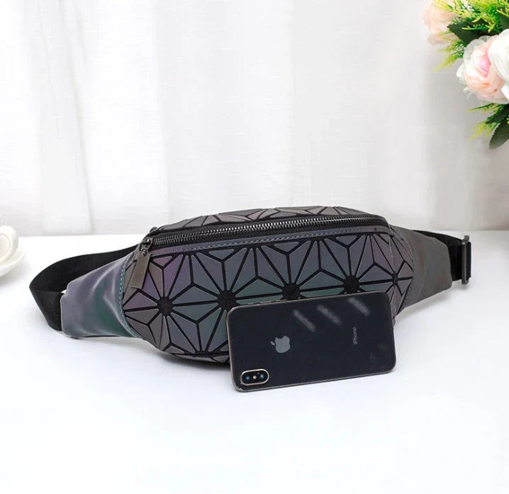 Stylish fanny pack with geometric design, available in multiple colors for hands-free, fashionable carry