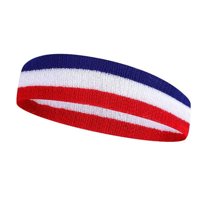 Colour-block sports headband for adults shown in a multi-colour design, suitable for running and yoga.