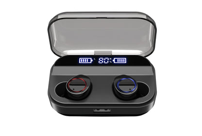 Black X11 true wireless Bluetooth earbuds with touch controls and a matching charging case.