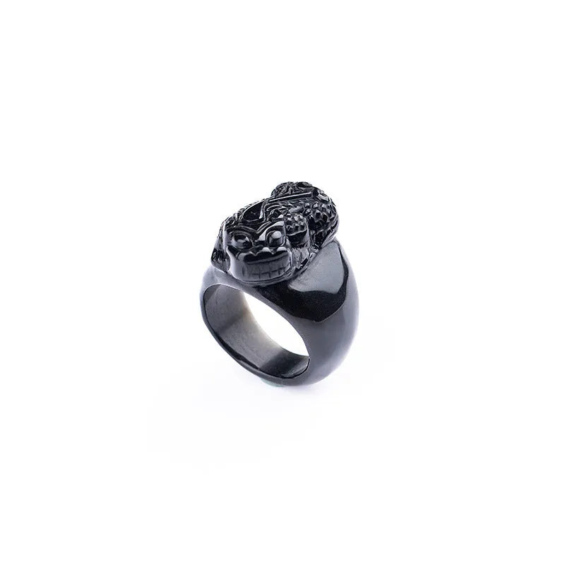 Men's gold sheen obsidian Pixiu thumb ring with alloy band in size 19, 20, 21, or 22.
