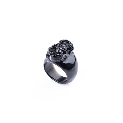 Men's gold sheen obsidian Pixiu thumb ring with alloy band in size 19, 20, 21, or 22.