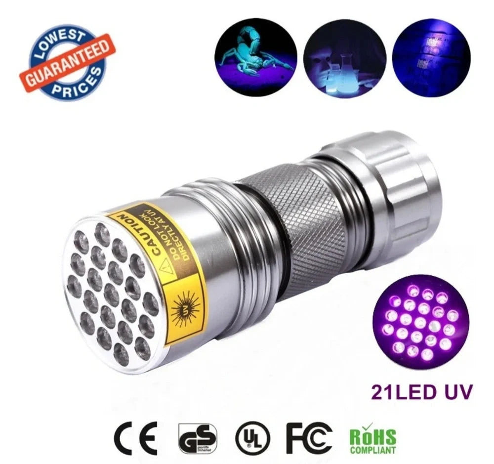 Silver aluminium UV flashlight measuring 95mm with 21 LED array for 395-400nm wavelength detection