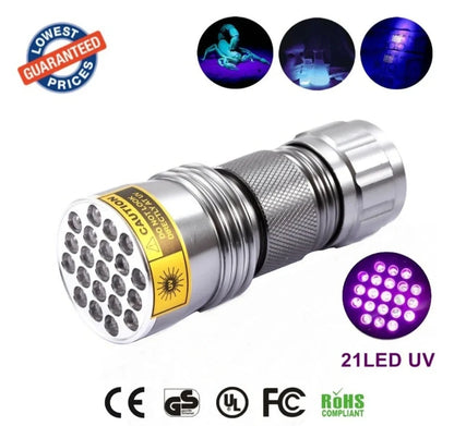 Silver aluminium UV flashlight measuring 95mm with 21 LED array for 395-400nm wavelength detection