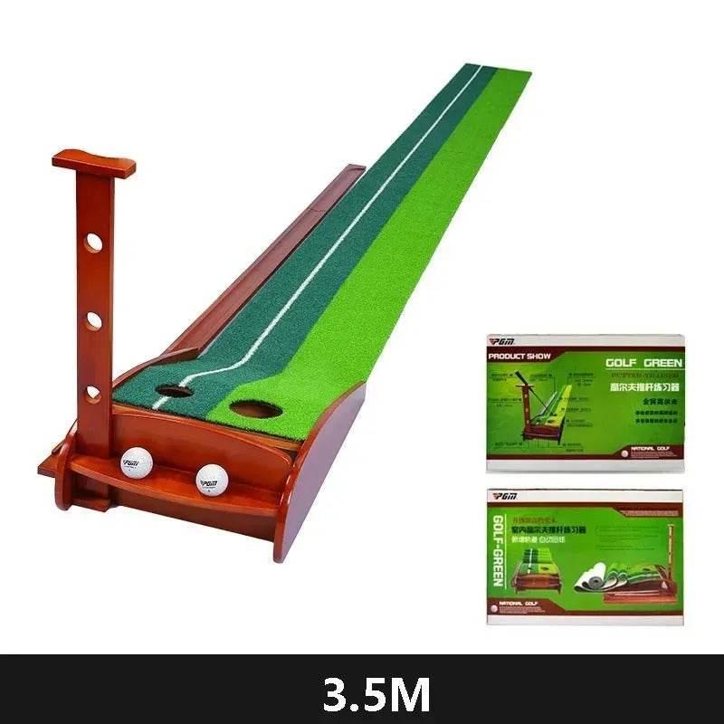 Indoor golf putting mat with solid wood frame, artificial grass surface, and dual-hole targets