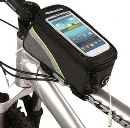 ROSWHEEL bicycle frame bag holder in black blue colour, showing iPhone compatibility and size options
