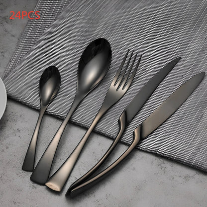 Black stainless steel cutlery set with mirror polish finish showing fork, knife, coffee spoon, soup spoon, steak knife