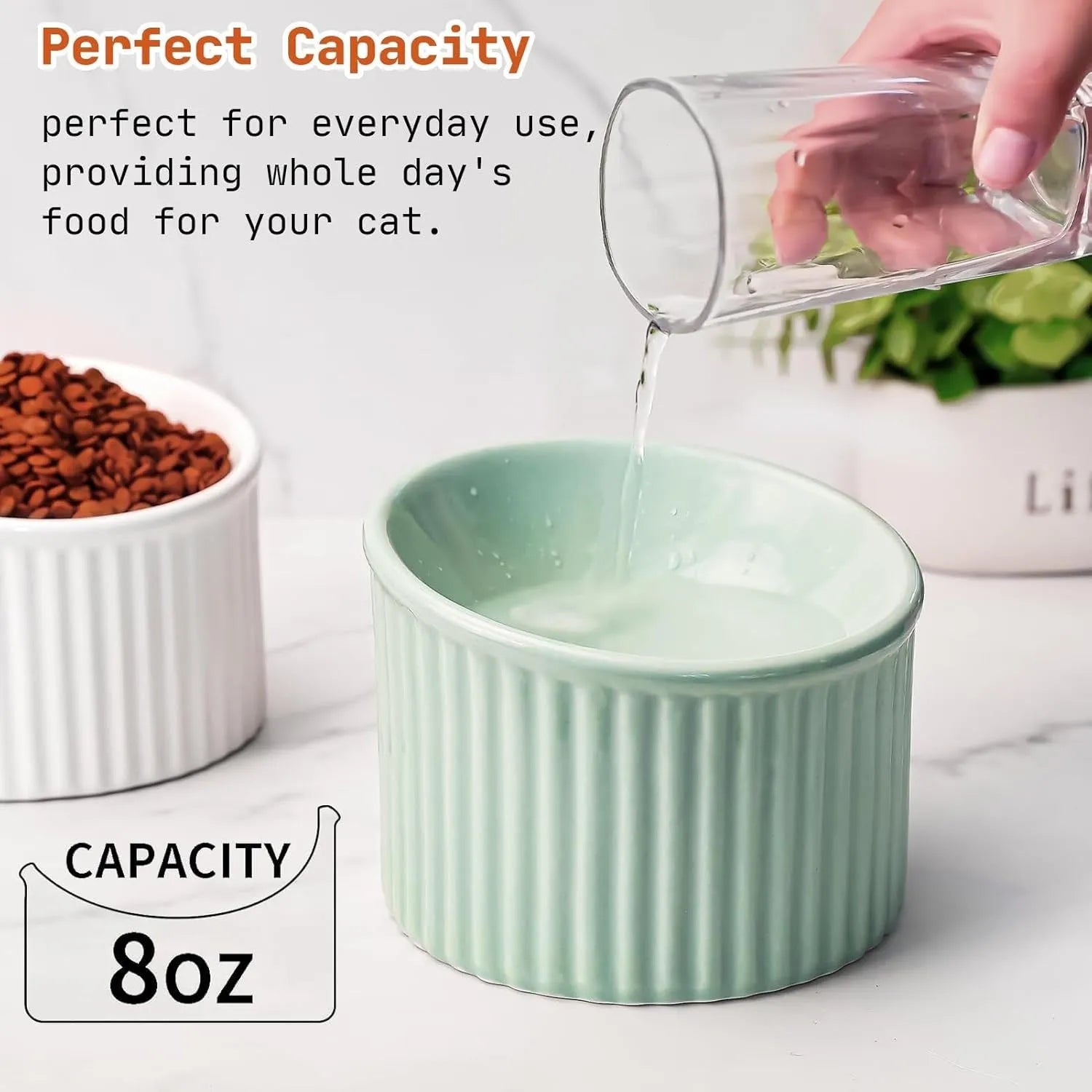 Ceramic elevated cat bowl in green colour showing tilted, round whisker-friendly design.