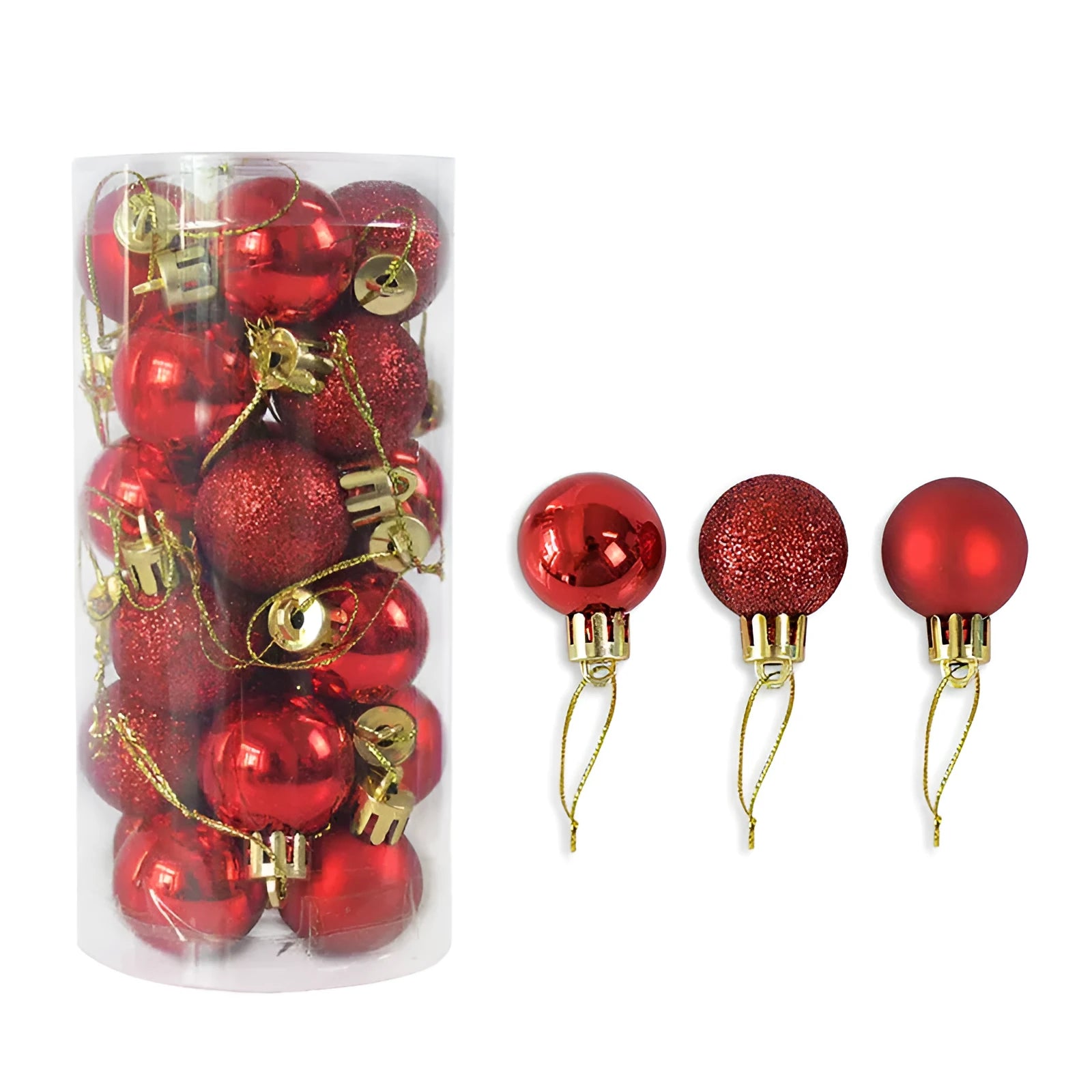 3cm diameter electroplated Christmas baubles in various metallic colours including gold, red and silver