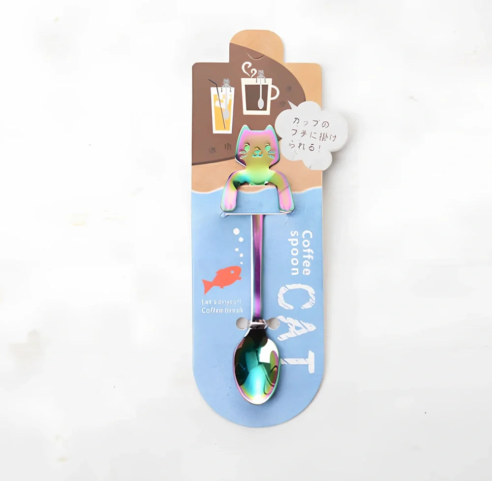 Stainless steel coffee spoon with cartoon cat handle showing hanging hole and smooth edges