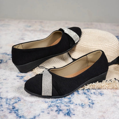 Black women's casual slip-on shoes with rhinestone details and chunky 6-8cm heels