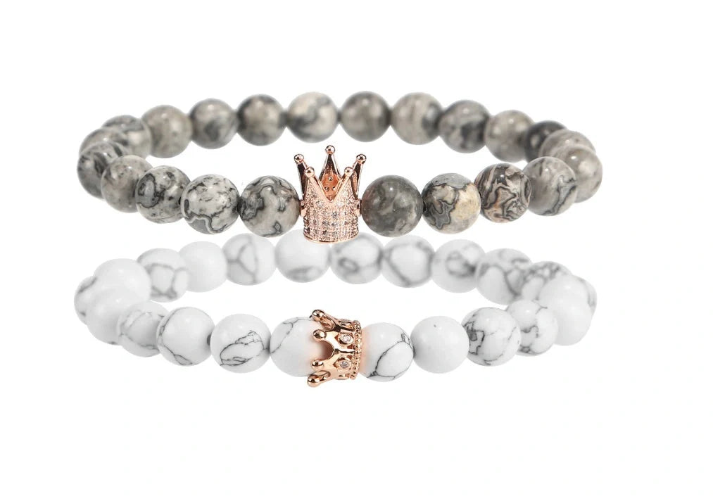Micro inlaid zircon crown bracelet with volcanic stone and white turquoise, handmade jewellery piece