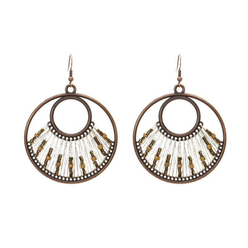 Bohemian geometric alloy earrings with colourful gold thread hand-woven detail, women's quadrilateral design, one pair