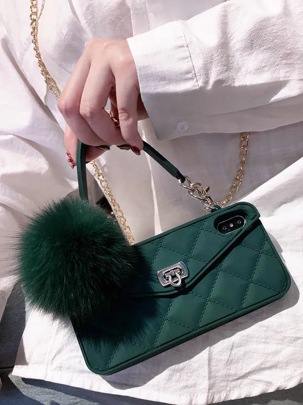 Hairball phone case in dark green grid colour with plush texture, fitting an iPhone