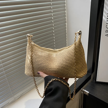 Straw woven beach tote bag with sandwich pockets and mobile phone compartment in khaki colour