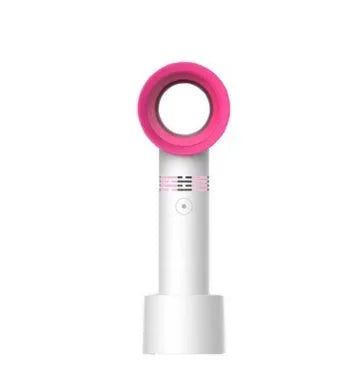 Portable bladeless fan with USB cable and base, showing compact design and bladeless airflow