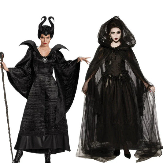 Enchanting Maleficent-inspired Halloween costume with horned headpiece, cape, and dress