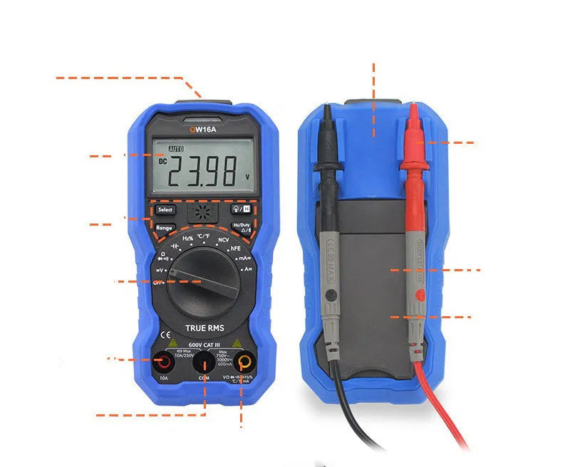Handheld digital multimeter with display showing measurement, test leads, and Bluetooth symbol on model variant.