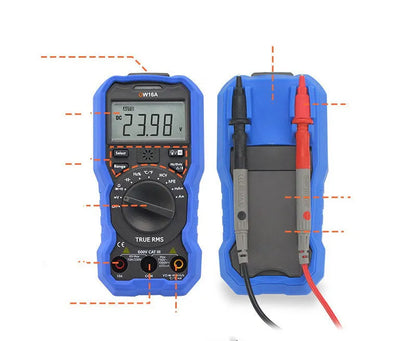Handheld digital multimeter with display showing measurement, test leads, and Bluetooth symbol on model variant.