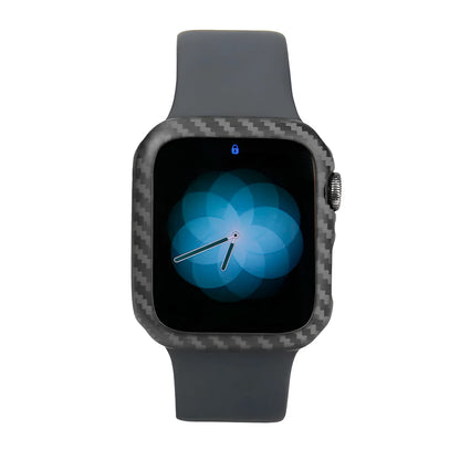 Apple Watch Series 4 in a black carbon fibre case with a leather half-wrap on a wrist