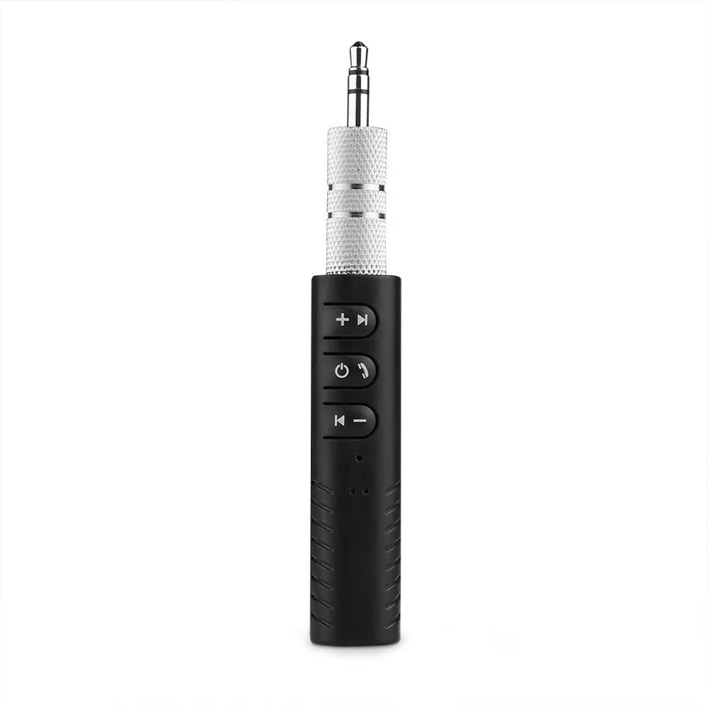 Black Bluetooth audio receiver adapter with 3.5mm AUX jack for car stereo wireless connectivity