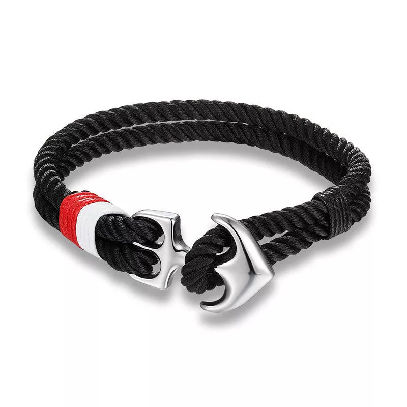 Men's nautical anchor bracelet with survival paracord rope and metal hooks