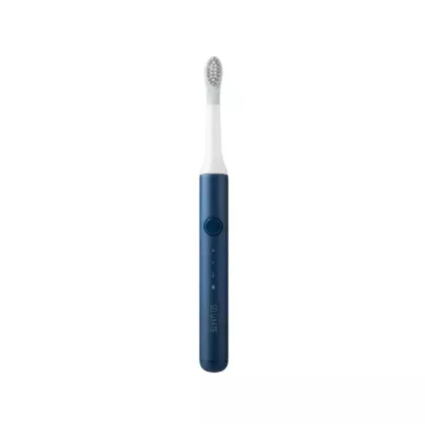 SOOCAS sonic electric toothbrush in blue or pink with round brush head on a bathroom counter.