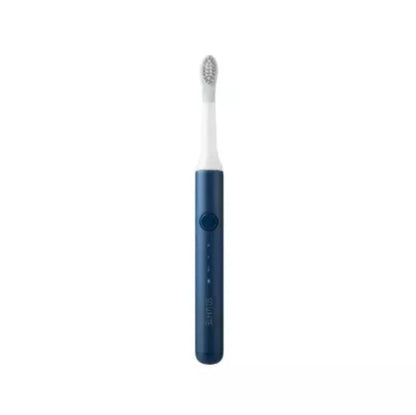 SOOCAS sonic electric toothbrush in blue or pink with round brush head on a bathroom counter.