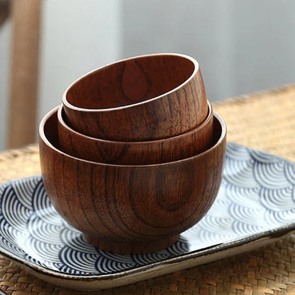 Handcrafted Japanese style wooden bowls for rice, soup, and salad