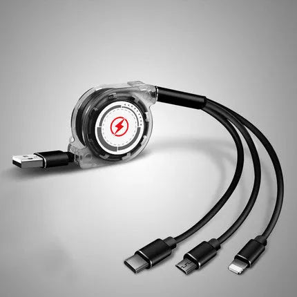Black telescopic 3-in-1 charging cable with titanium alloy connectors extended on a white background.