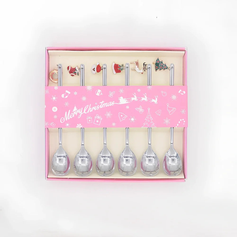 Christmas spoon set with silver and gold finishes, 135mm long stainless steel dessert utensils
