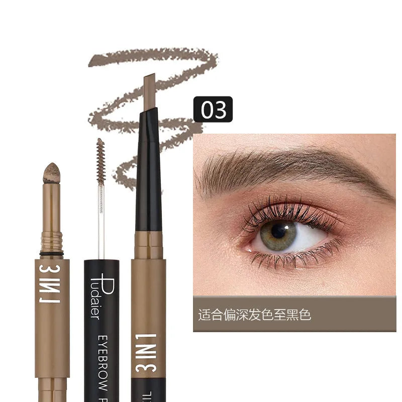 A double-headed waterproof eyebrow pencil with pencil and powder, shown in one of six colour styles.
