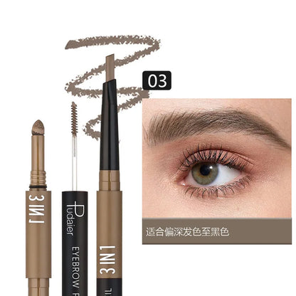 A double-headed waterproof eyebrow pencil with pencil and powder, shown in one of six colour styles.