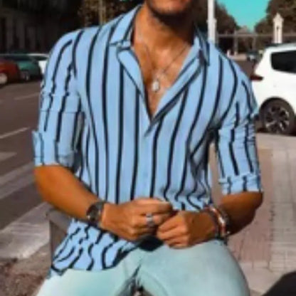 Man modelling a khaki and white striped loose-fit long sleeve casual button shirt.