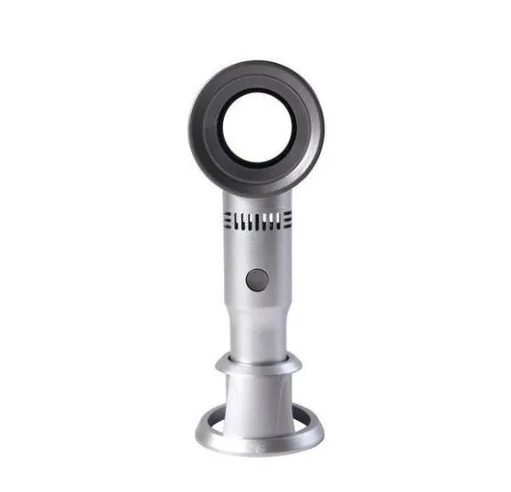 Portable bladeless fan with USB cable and base, showing compact design and bladeless airflow
