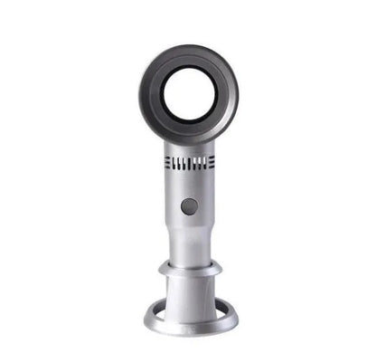 Portable bladeless fan with USB cable and base, showing compact design and bladeless airflow