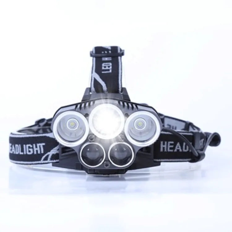 Fixed focus head-mounted outdoor camping light with long-range beam on a head strap.