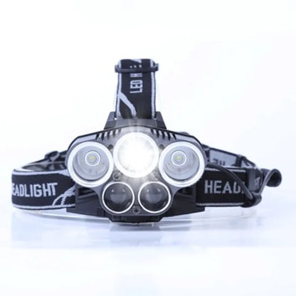 Fixed focus head-mounted outdoor camping light with long-range beam on a head strap.