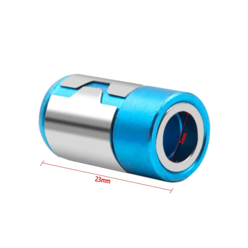 Light blue magnetic screwdriver bit with slotted head and magnetic ring for metric screws